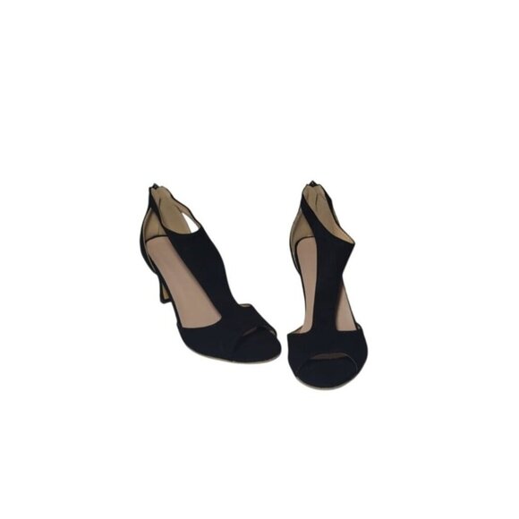 Women's black open toe mid heel sandals with zipper closure and cut out design. - Picture 3 of 9